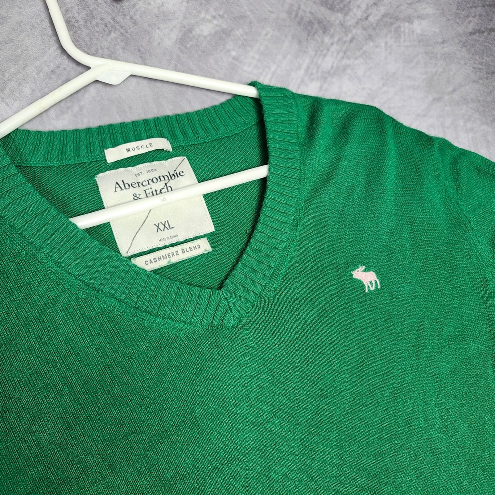Abercrombie Fitch Sweater Cashmere Blend Mens XXL Green Muscle V Neck Moose - Picture 1 of 9
